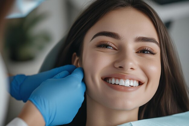 Mulher com sorriso branco e saudável após clareamento dental profissional.